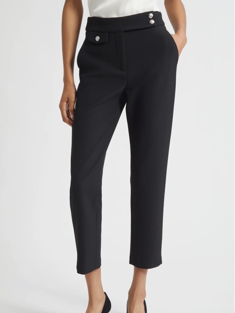 Veronica Beard Black High-Rise Ankle Pants with Button Detail